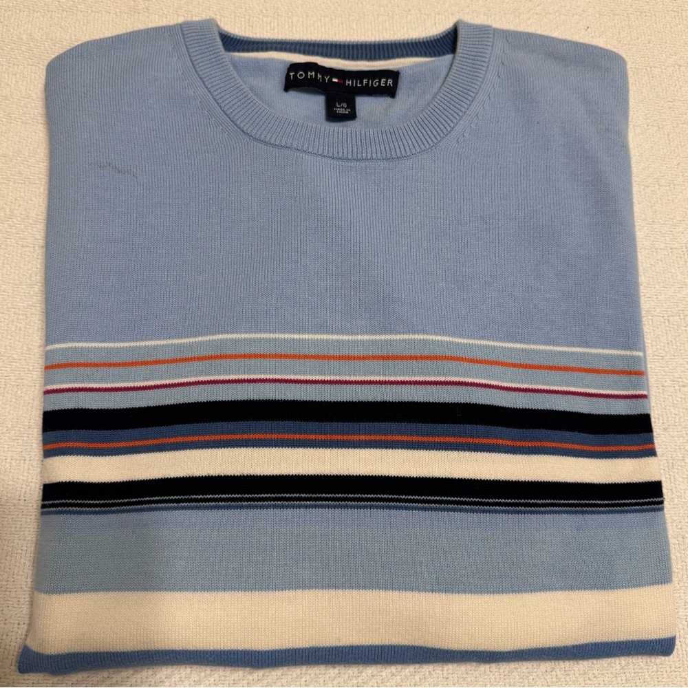 Tommy Hilfiger Men's Light Blue Striped Crewneck Sweater